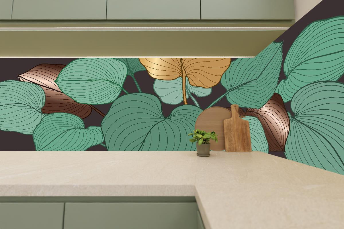 Küchenrückwand - Moderne Blattlinien Kunst in Erdtönen