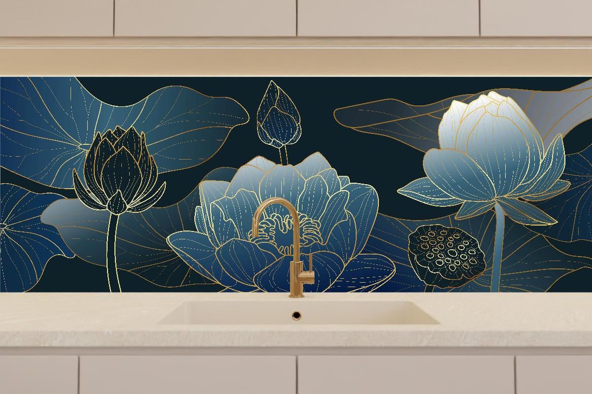Küchenrückwand - Moderne dunkelblaue Lotus Linienzeichnung