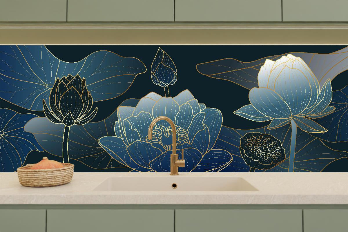 Küchenrückwand - Moderne dunkelblaue Lotus Linienzeichnung