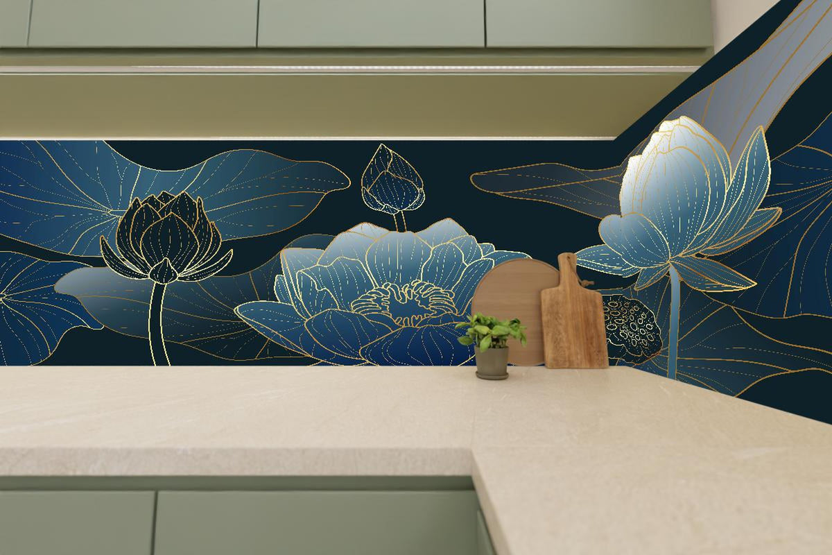 Küchenrückwand - Moderne dunkelblaue Lotus Linienzeichnung