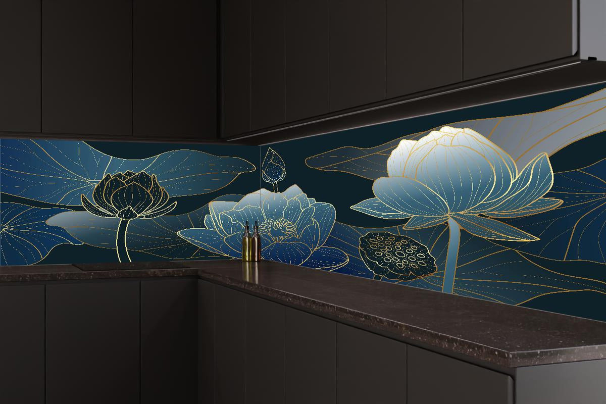 Küchenrückwand - Moderne dunkelblaue Lotus Linienzeichnung