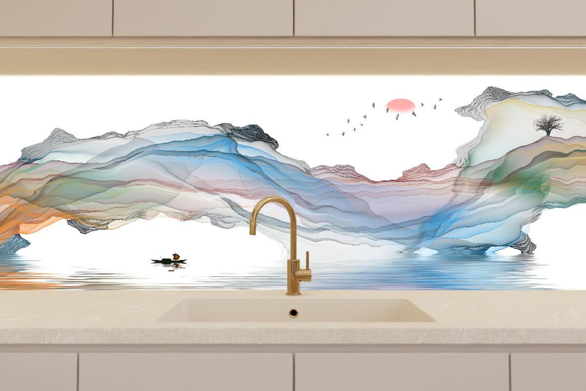 Küchenrückwand - Modernes Wasserfarben Gemälde Boot Vögel See