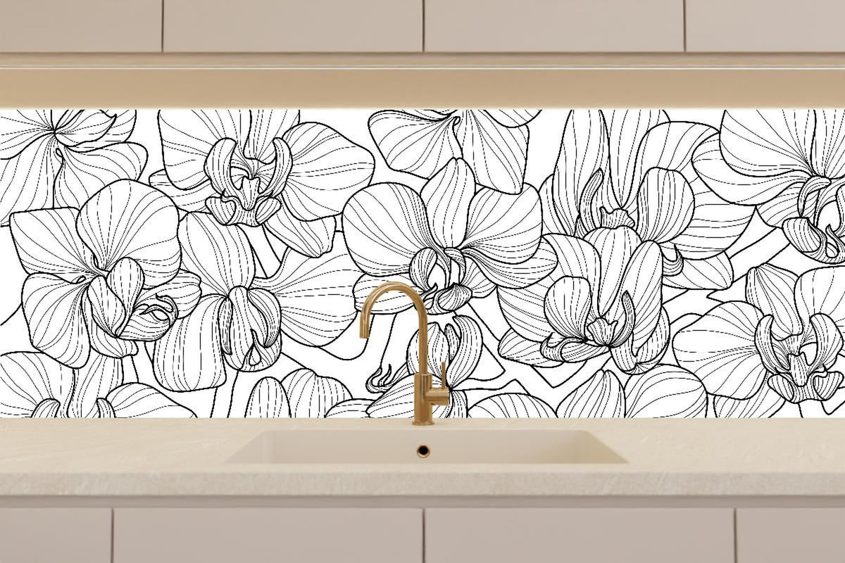 Küchenrückwand - Orchideen Lineart Schwarz-Weiß
