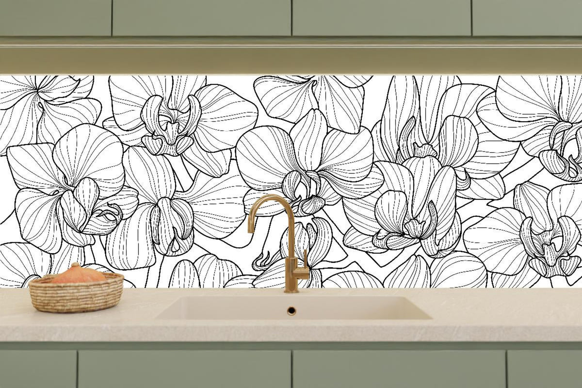 Küchenrückwand - Orchideen Lineart Schwarz-Weiß