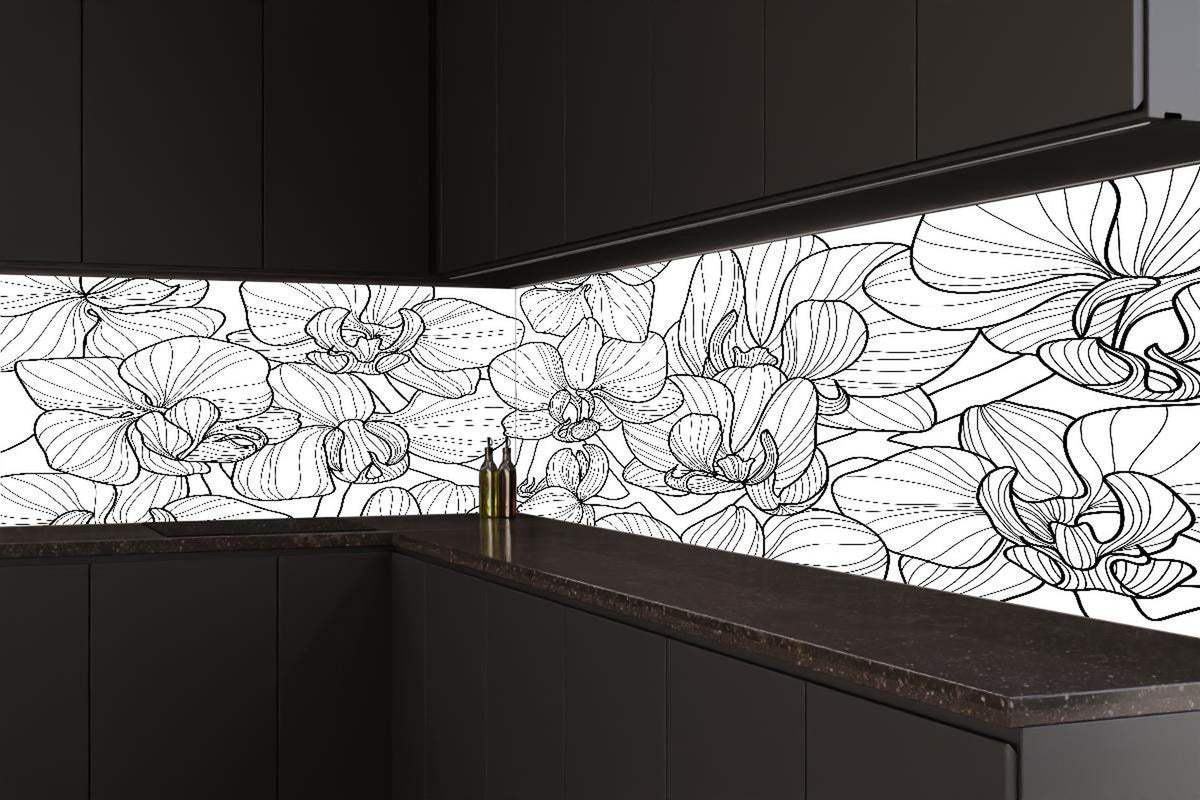 Küchenrückwand - Orchideen Lineart Schwarz-Weiß