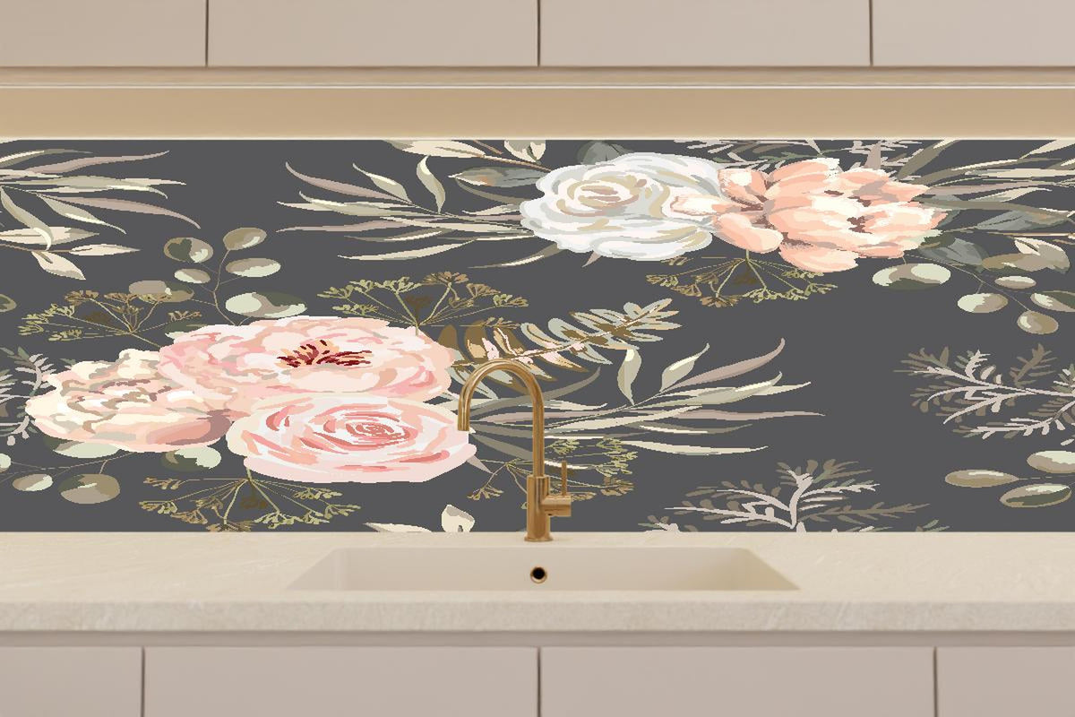 Küchenrückwand - Rosa Blüten Dunkelgrau Muster