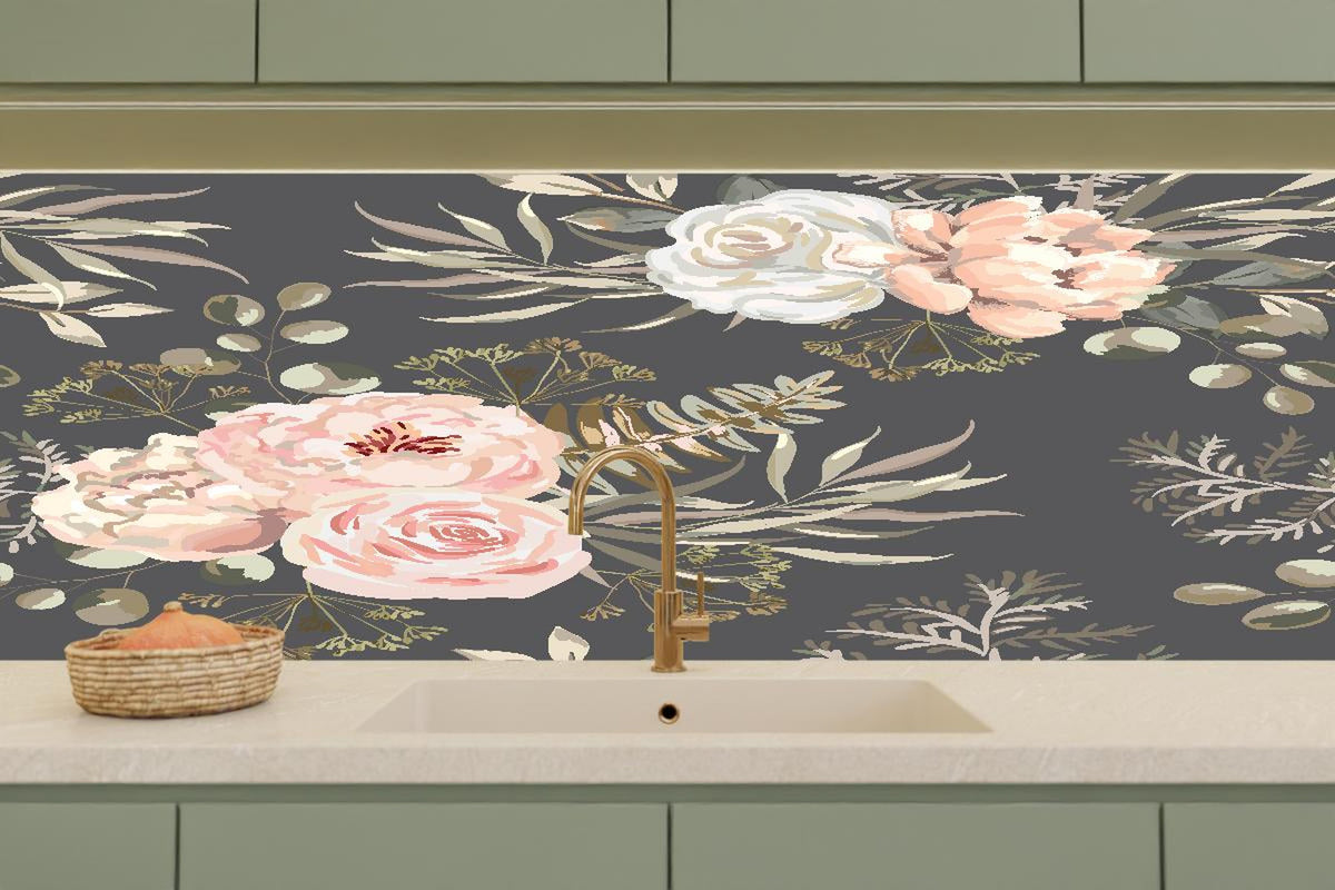 Küchenrückwand - Rosa Blüten Dunkelgrau Muster