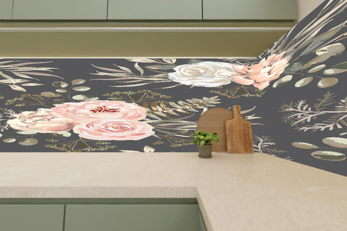 Küchenrückwand - Rosa Blüten Dunkelgrau Muster