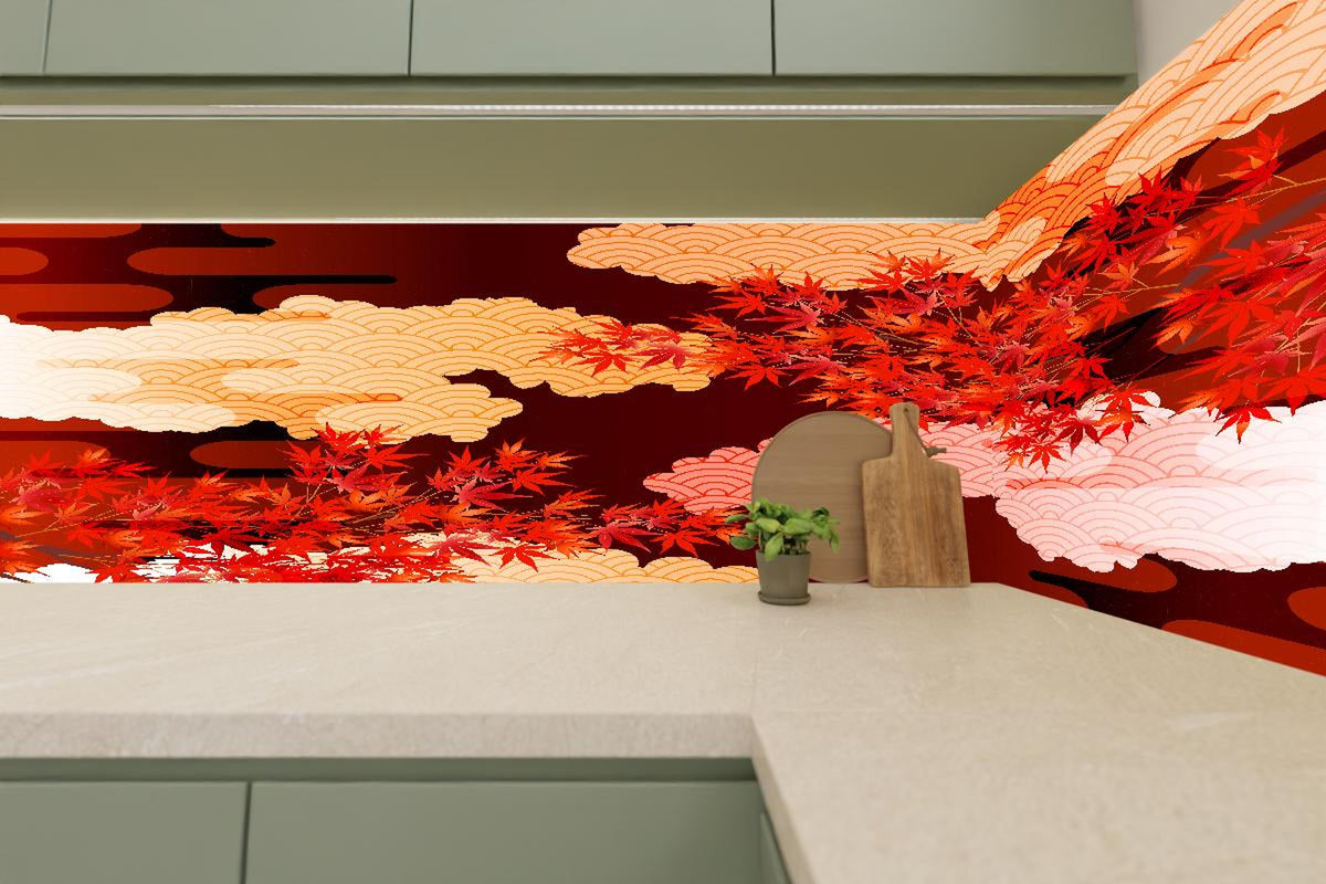 Küchenrückwand - Rote Ahornblätter mit Wolkenmuster