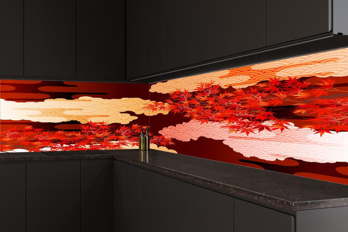 Küchenrückwand - Rote Ahornblätter mit Wolkenmuster