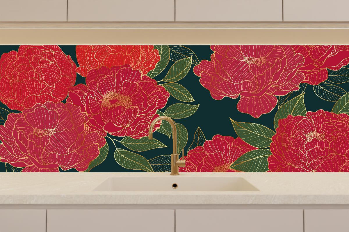 Küchenrückwand - Rote Blumen auf Dunkelgrünem Hintergrund