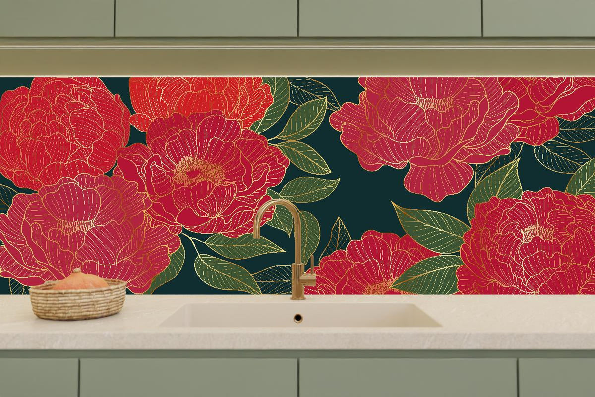 Küchenrückwand - Rote Blumen auf Dunkelgrünem Hintergrund