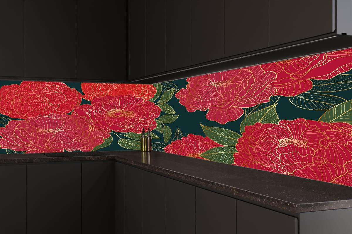 Küchenrückwand - Rote Blumen auf Dunkelgrünem Hintergrund