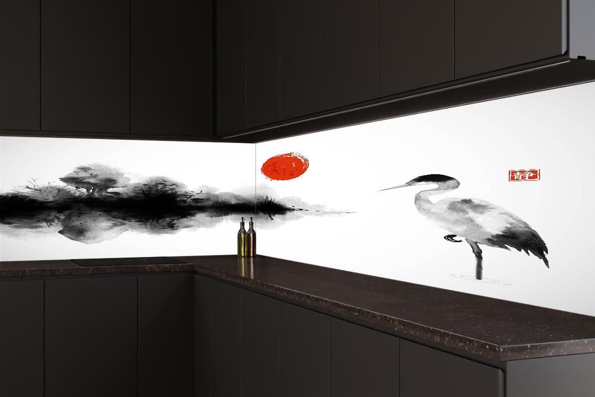Küchenrückwand - Schwarz-Weiße Kranich Zeichnung mit Rot