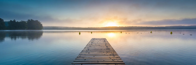 Küchenrückwand - Sonnenaufgang am See mit Nebel