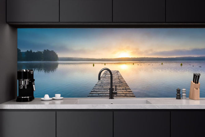 Küchenrückwand - Sonnenaufgang am See mit Nebel
