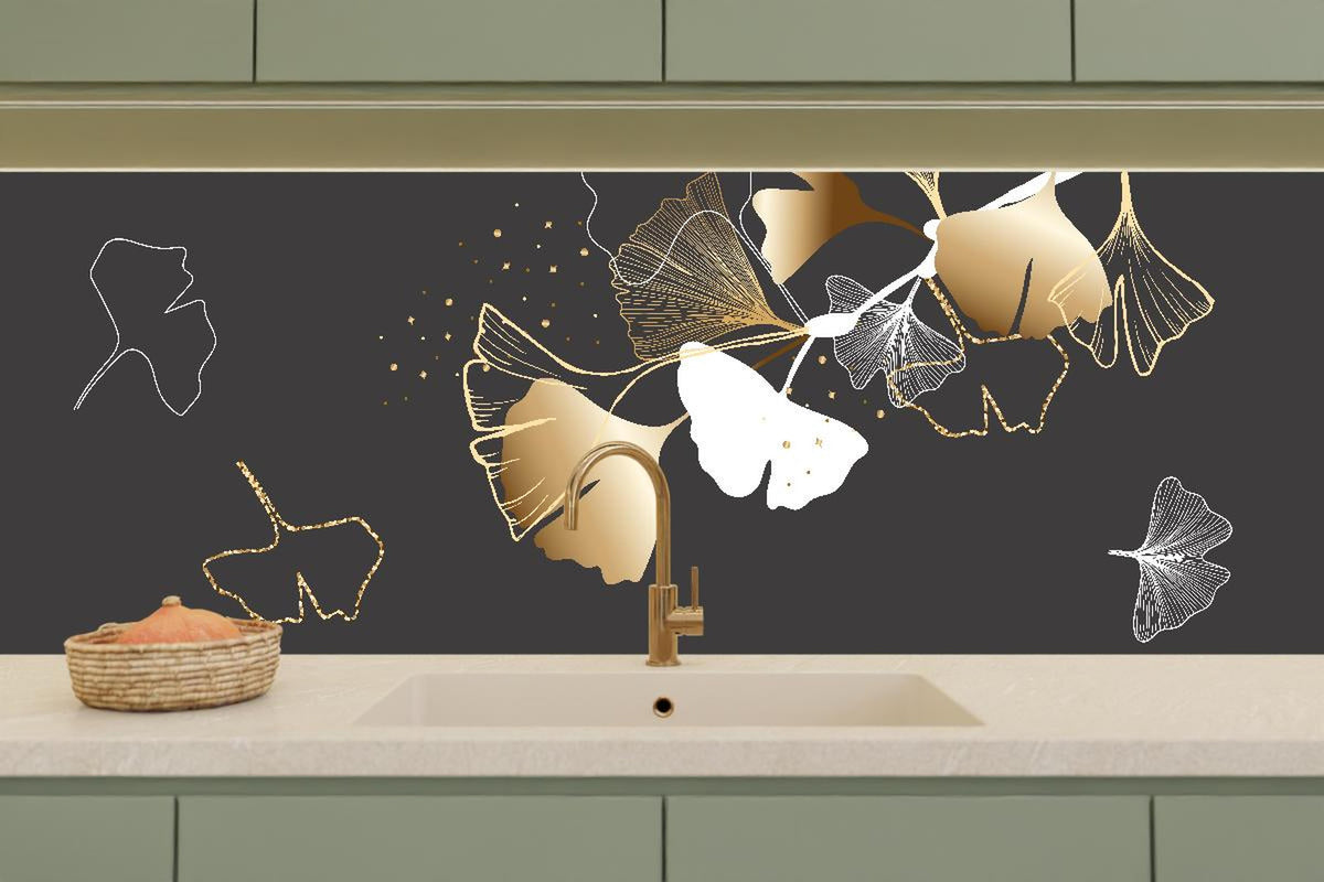 Küchenrückwand - Stilisiertes Ginkgo-Design in Gold und Schwarz