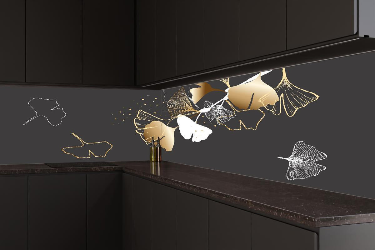 Küchenrückwand - Stilisiertes Ginkgo-Design in Gold und Schwarz