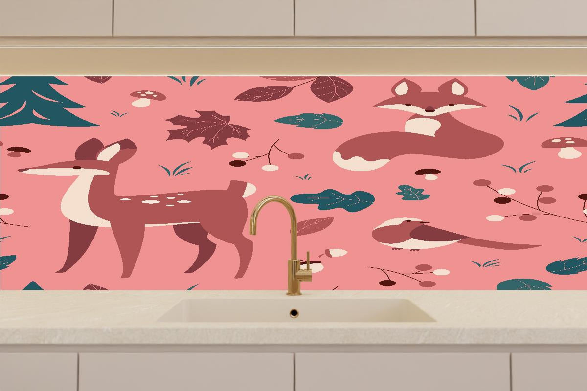 Küchenrückwand - Waldtiere Muster rosa Hintergrund