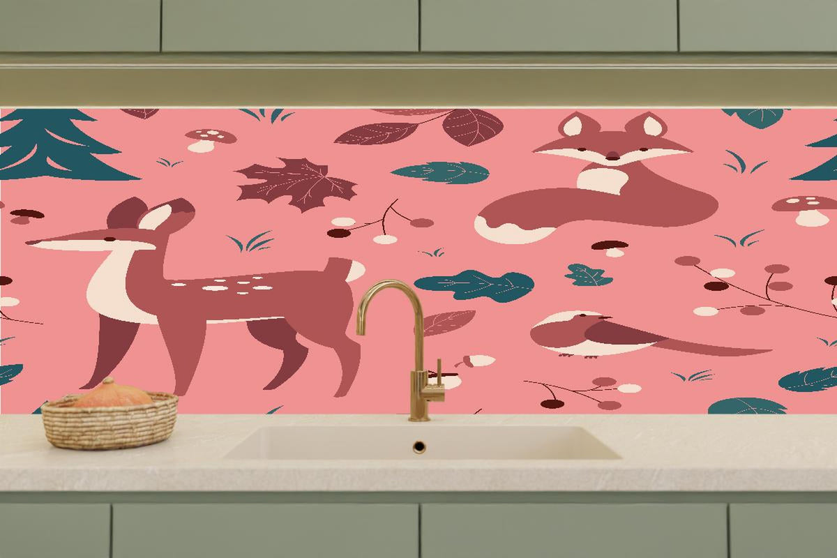 Küchenrückwand - Waldtiere Muster rosa Hintergrund
