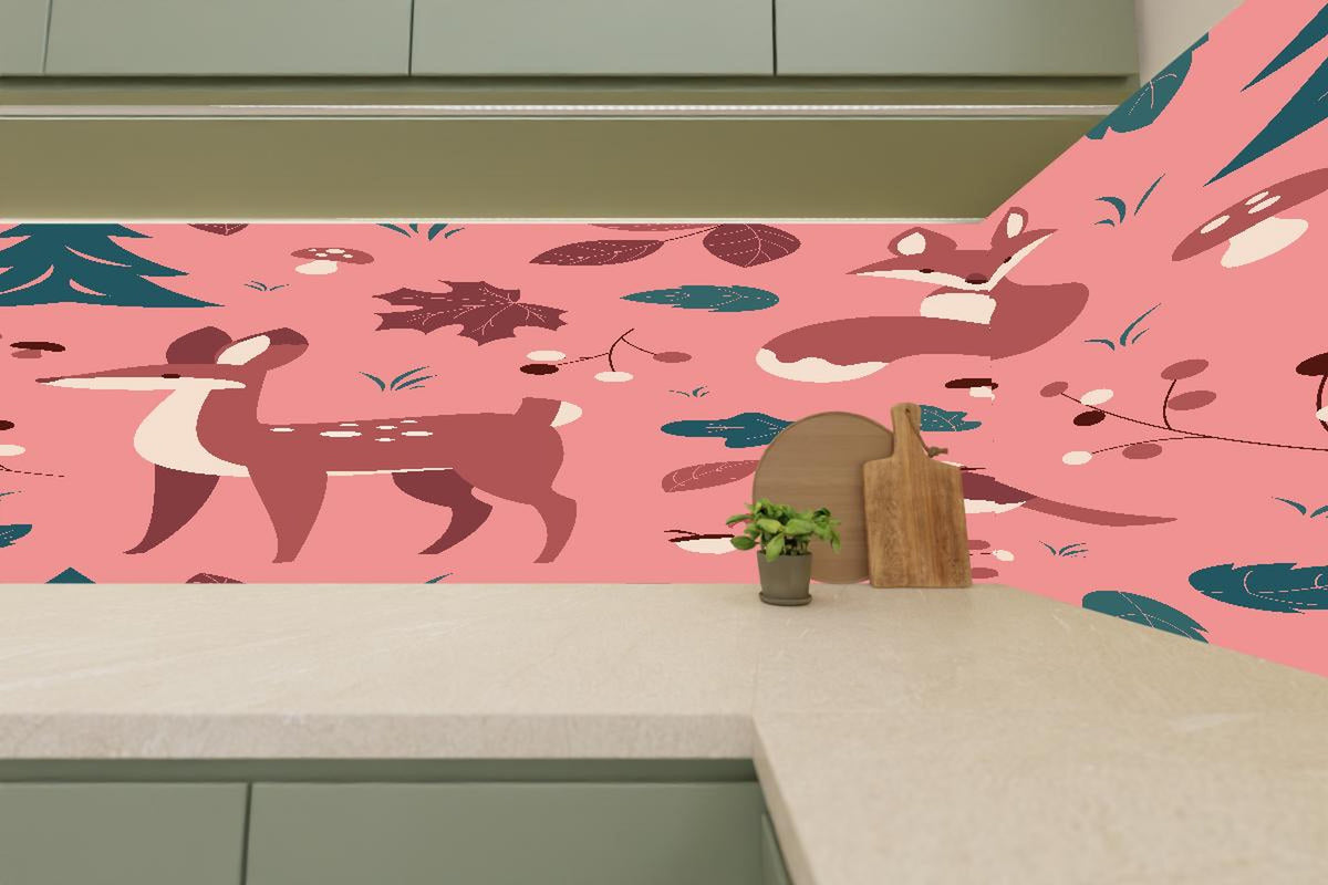 Küchenrückwand - Waldtiere Muster rosa Hintergrund