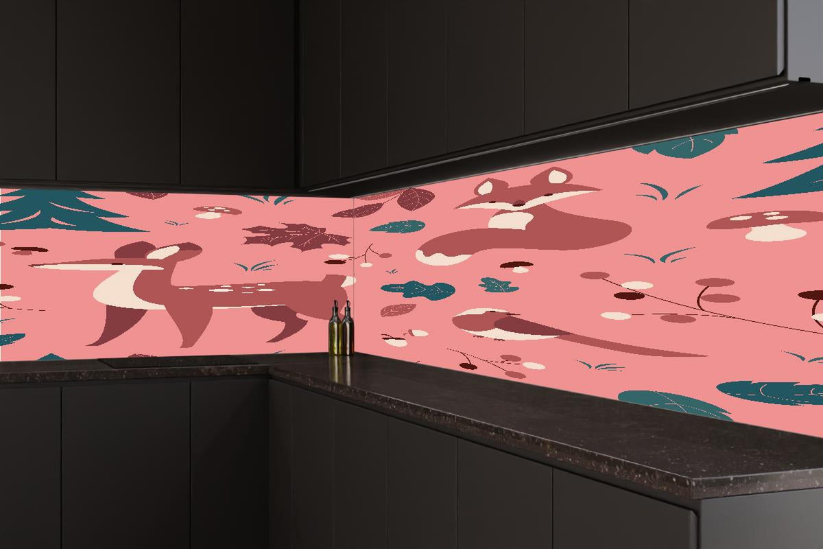 Küchenrückwand - Waldtiere Muster rosa Hintergrund