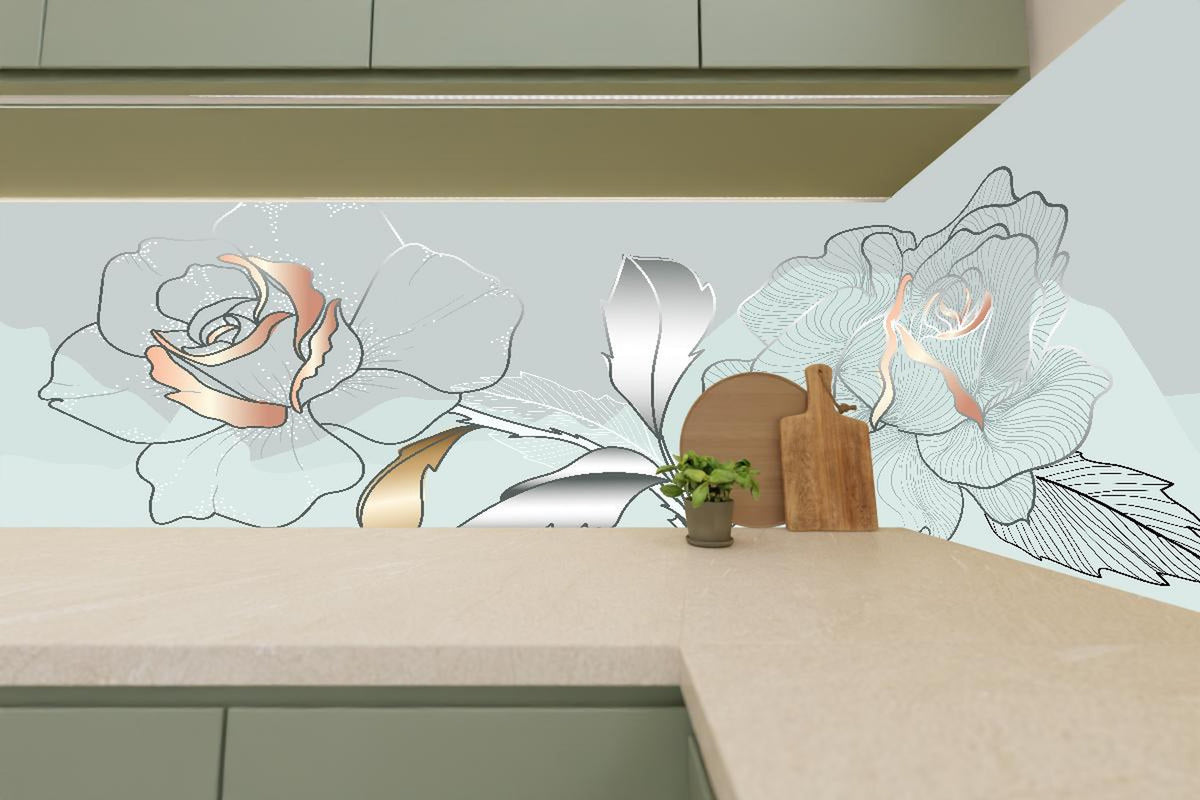 Küchenrückwand - Weiße und Blaue Florale Illustration