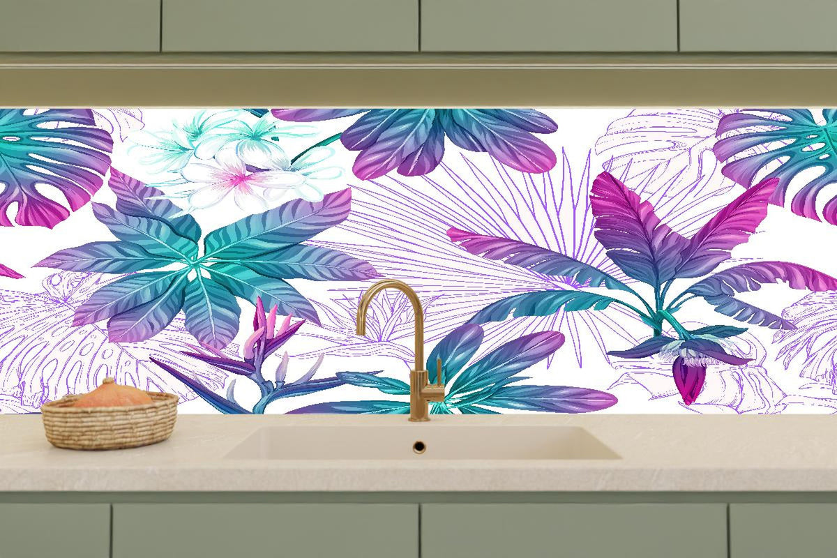 Küchenrückwand - Zarte Blumenmuster in Weiß und Grau - Botanische Vielfalt in monochromer Eleganz