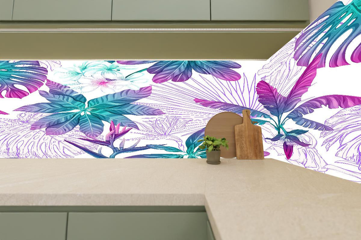 Küchenrückwand - Zarte Blumenmuster in Weiß und Grau - Botanische Vielfalt in monochromer Eleganz