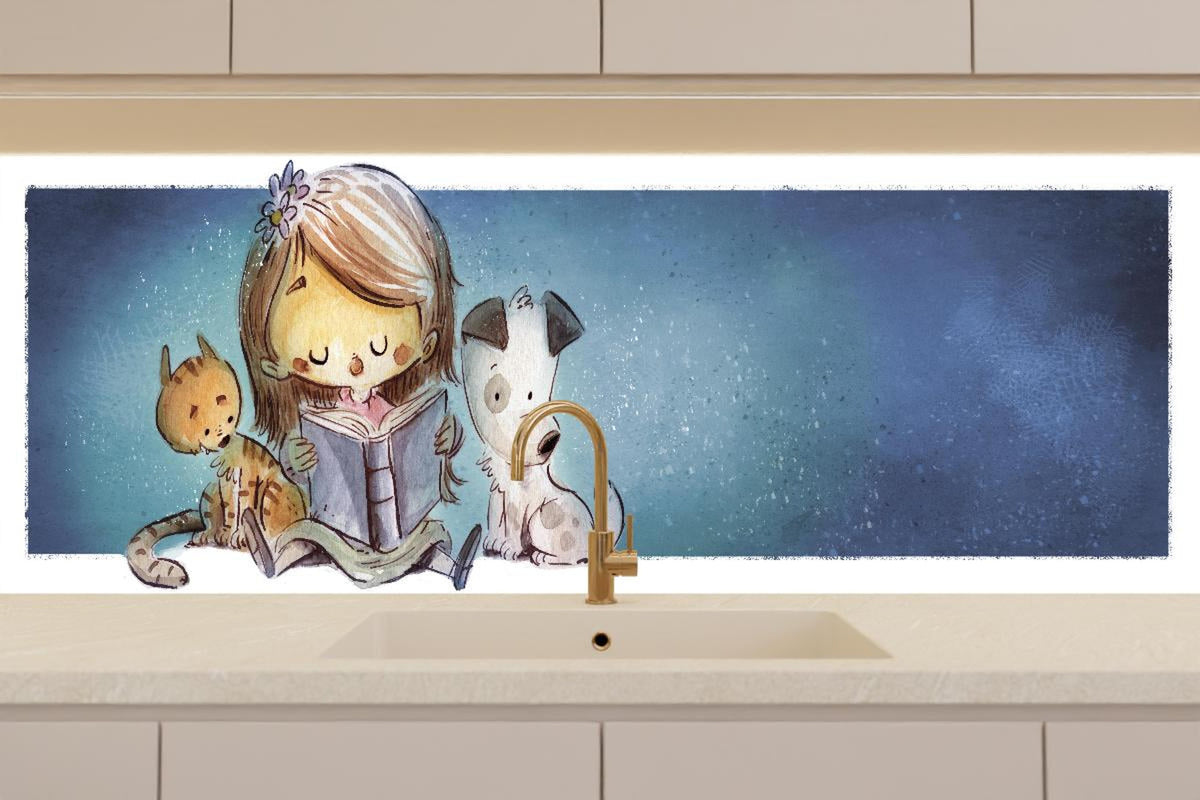 Küchenrückwand - lesendes Mädchen mit Hund und Katze