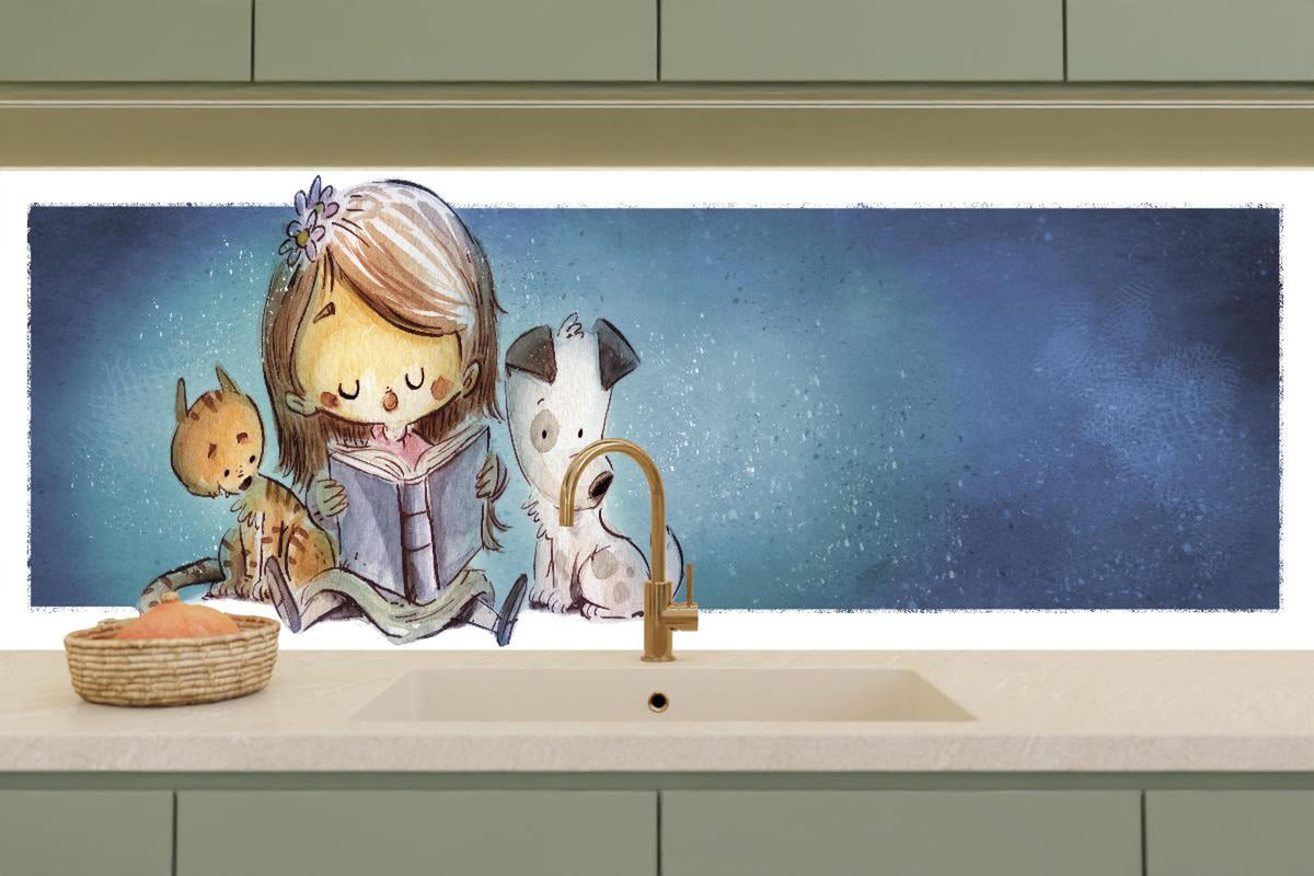 Küchenrückwand - lesendes Mädchen mit Hund und Katze