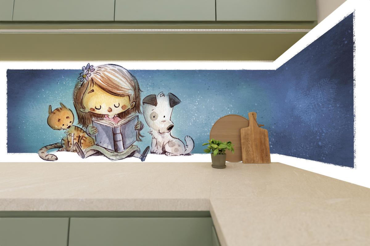 Küchenrückwand - lesendes Mädchen mit Hund und Katze