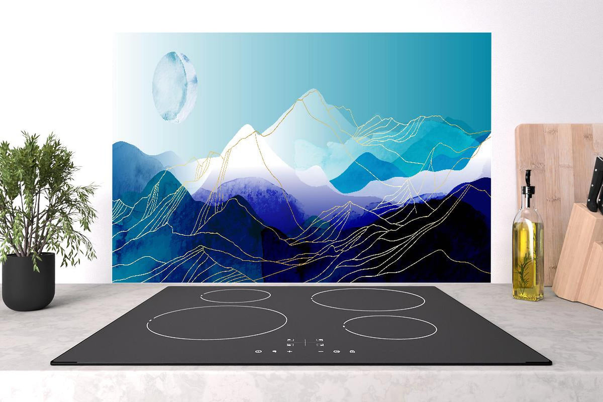 Spritzschutz - Abstrakte Aquarell Berge mit Mond