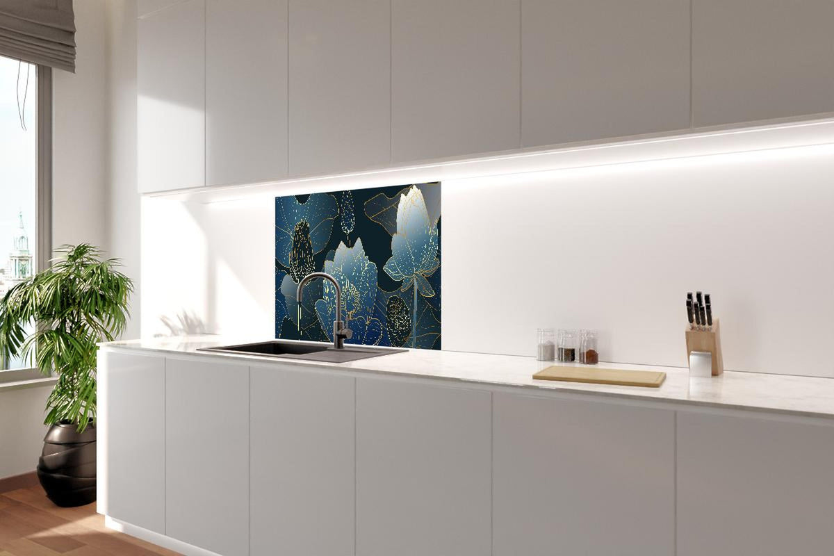 Spritzschutz - Blumendesign in Blau-Weiß mit goldenen Akzenten