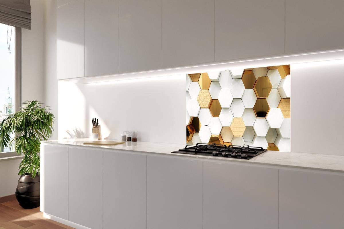 Spritzschutz - Eleganter weißer Hintergrund mit goldenen Hexagonen