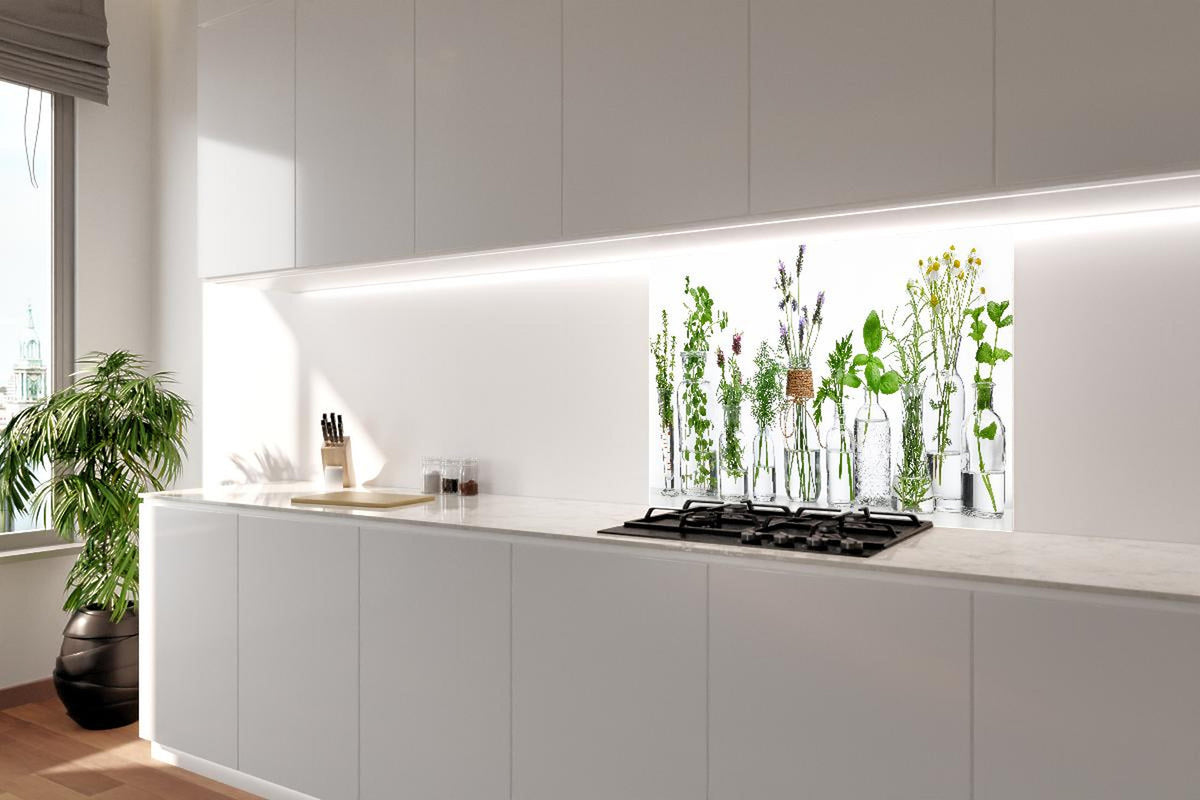 Spritzschutz - Frische Kräutervielfalt in Glasflaschen Weiß