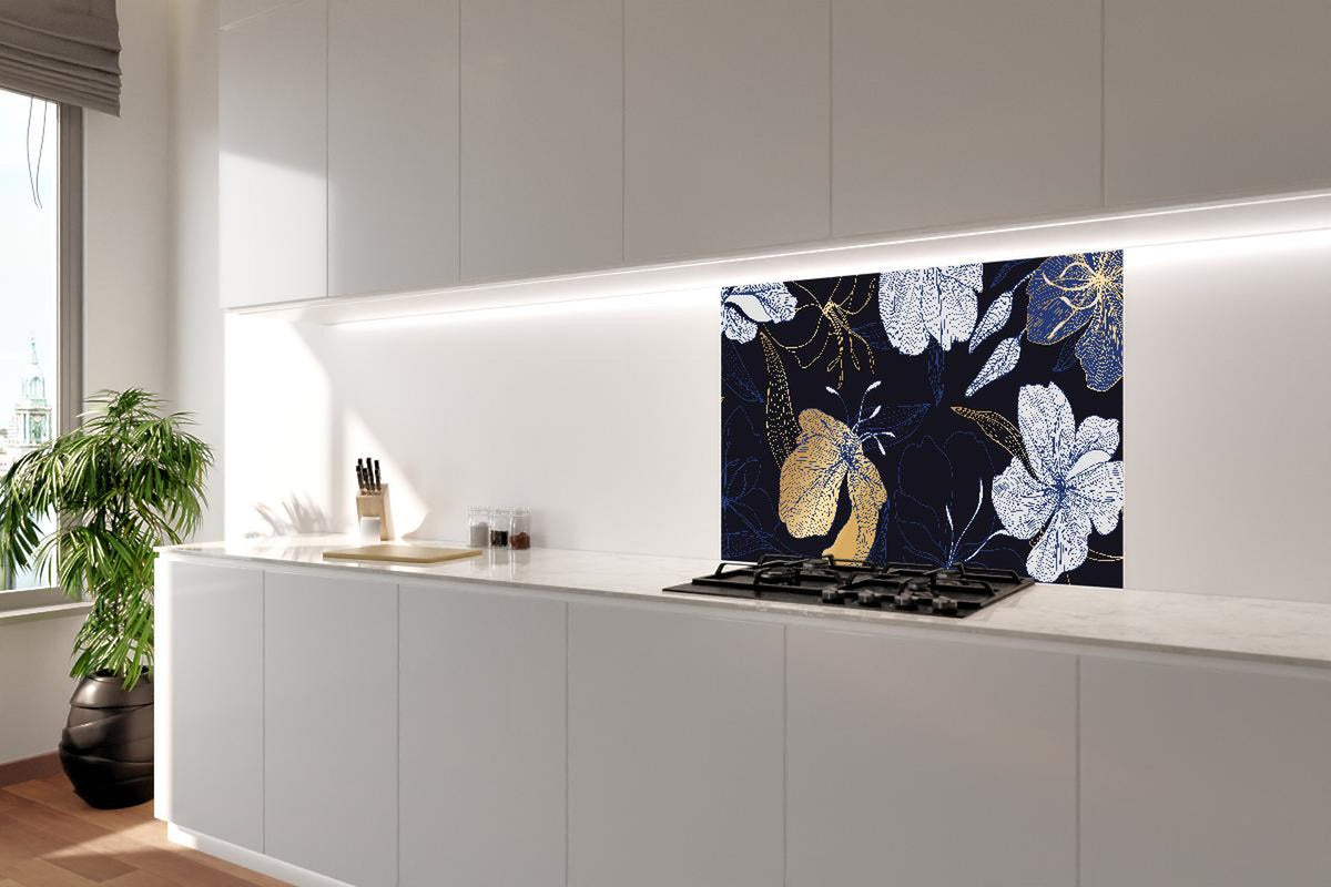 Spritzschutz - Goldene Blumenillustration auf Dunkelblau