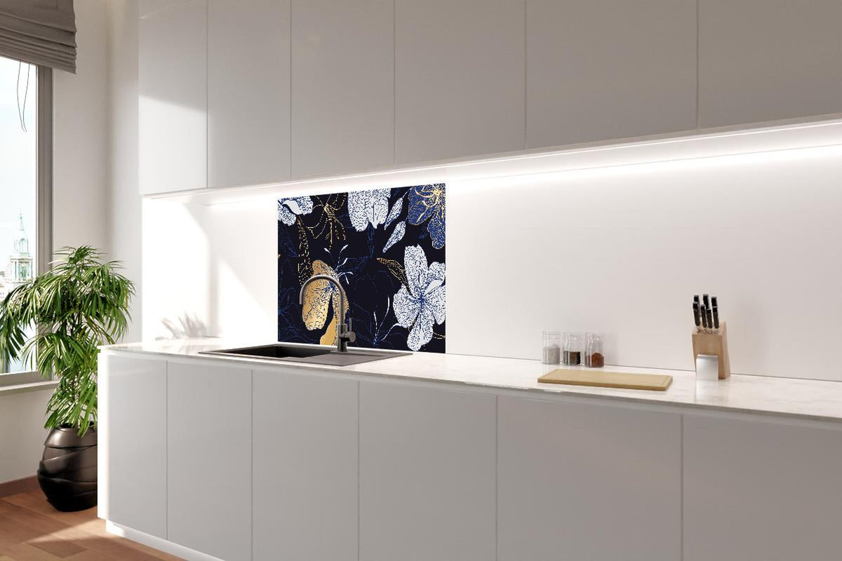 Spritzschutz - Goldene Blumenillustration auf Dunkelblau