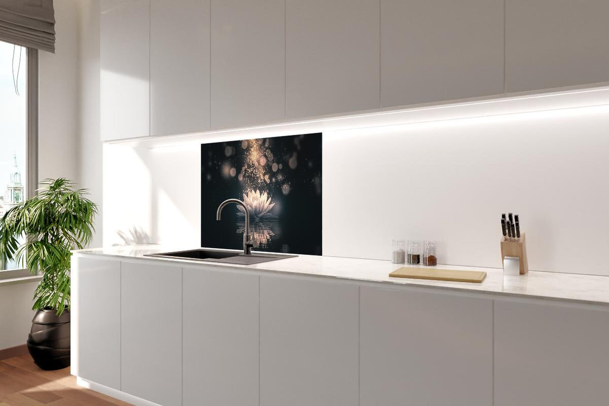 Spritzschutz - Goldene Lotusblüte auf dunklem Hintergrund