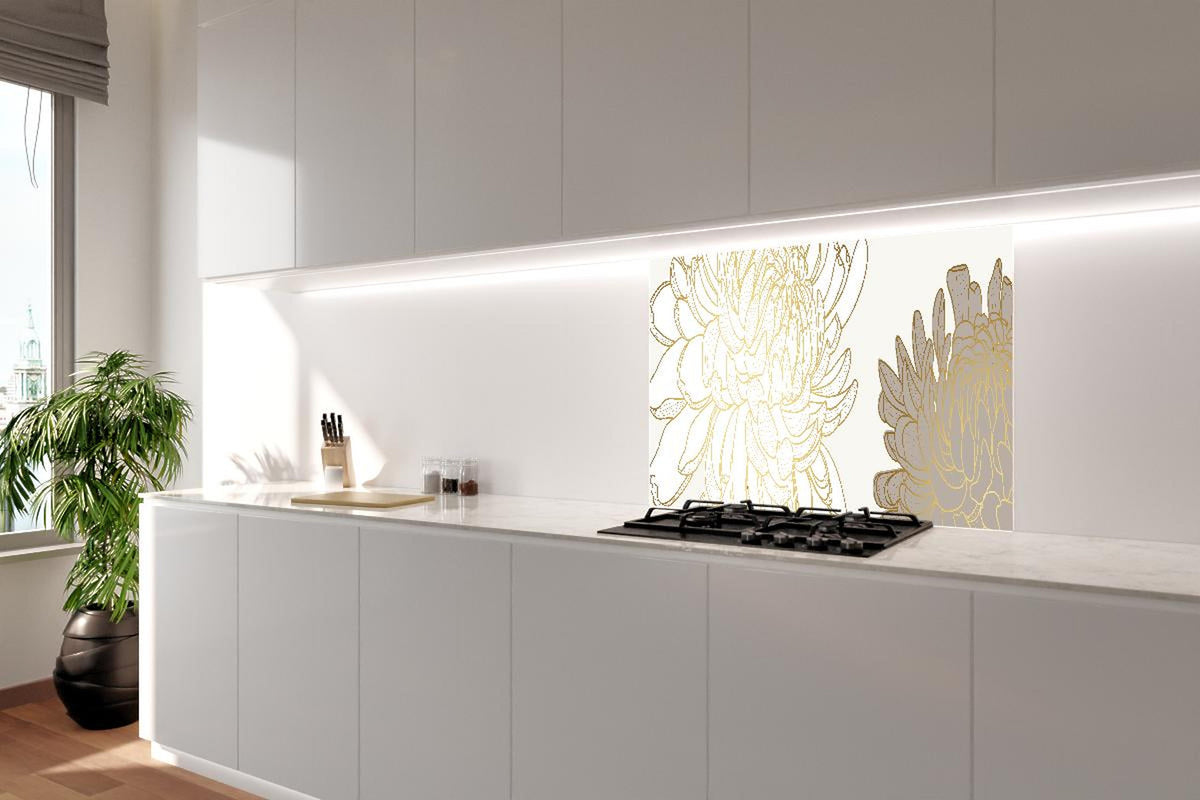 Spritzschutz - Illustrative Chrysantheme in Weiß-Beige