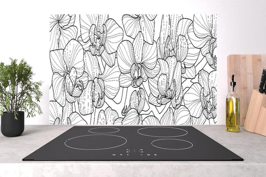 Spritzschutz - Orchideen Linienkunst in Schwarz-Weiß