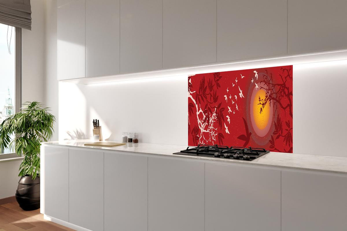 Spritzschutz - Roter Himmel Vogelschwarm Silhouetten