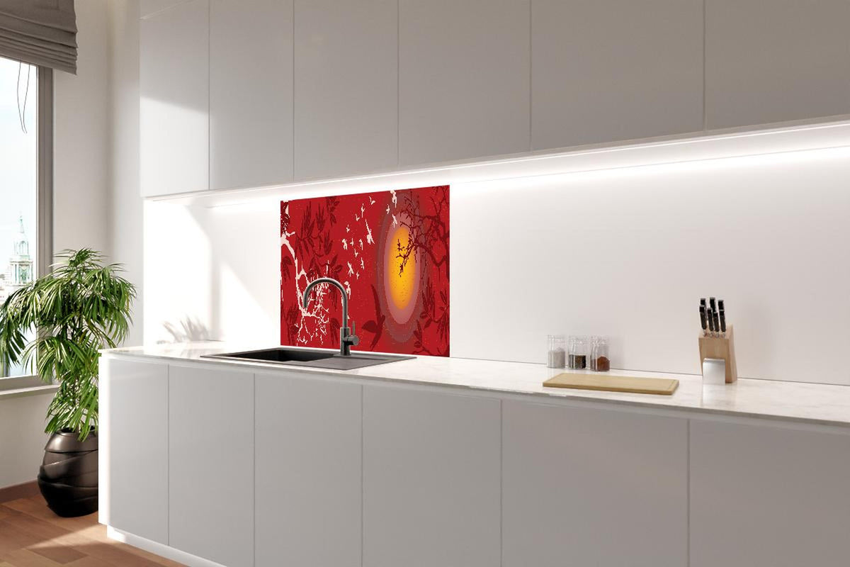 Spritzschutz - Roter Himmel Vogelschwarm Silhouetten