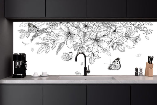 Küchenrückwand - Florales Muster mit Schmetterlingen S/W