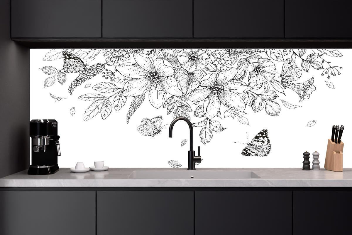 Küchenrückwand - Florales Muster mit Schmetterlingen S/W