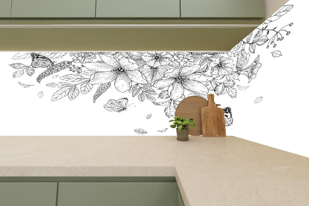 Küchenrückwand - Florales Muster mit Schmetterlingen S/W