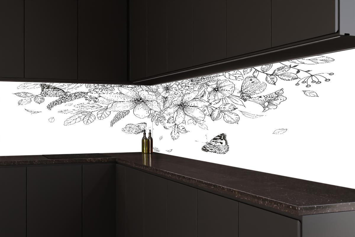 Küchenrückwand - Florales Muster mit Schmetterlingen S/W