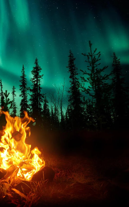 Duschrückwand - Lagerfeuer mit Nordlichtern in den Wäldern Schwedens