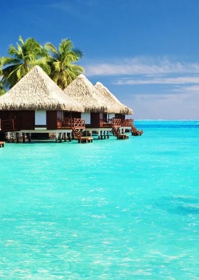 Duschrückwand - Bungalows Wasser Lagune Tropen Bild