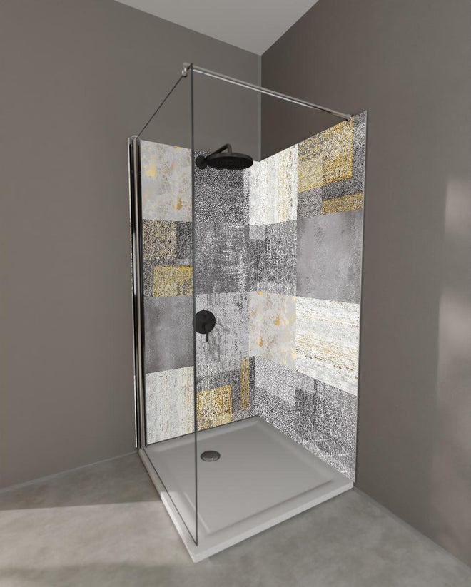 Duschrückwand - gräulich gelbes Patchwork